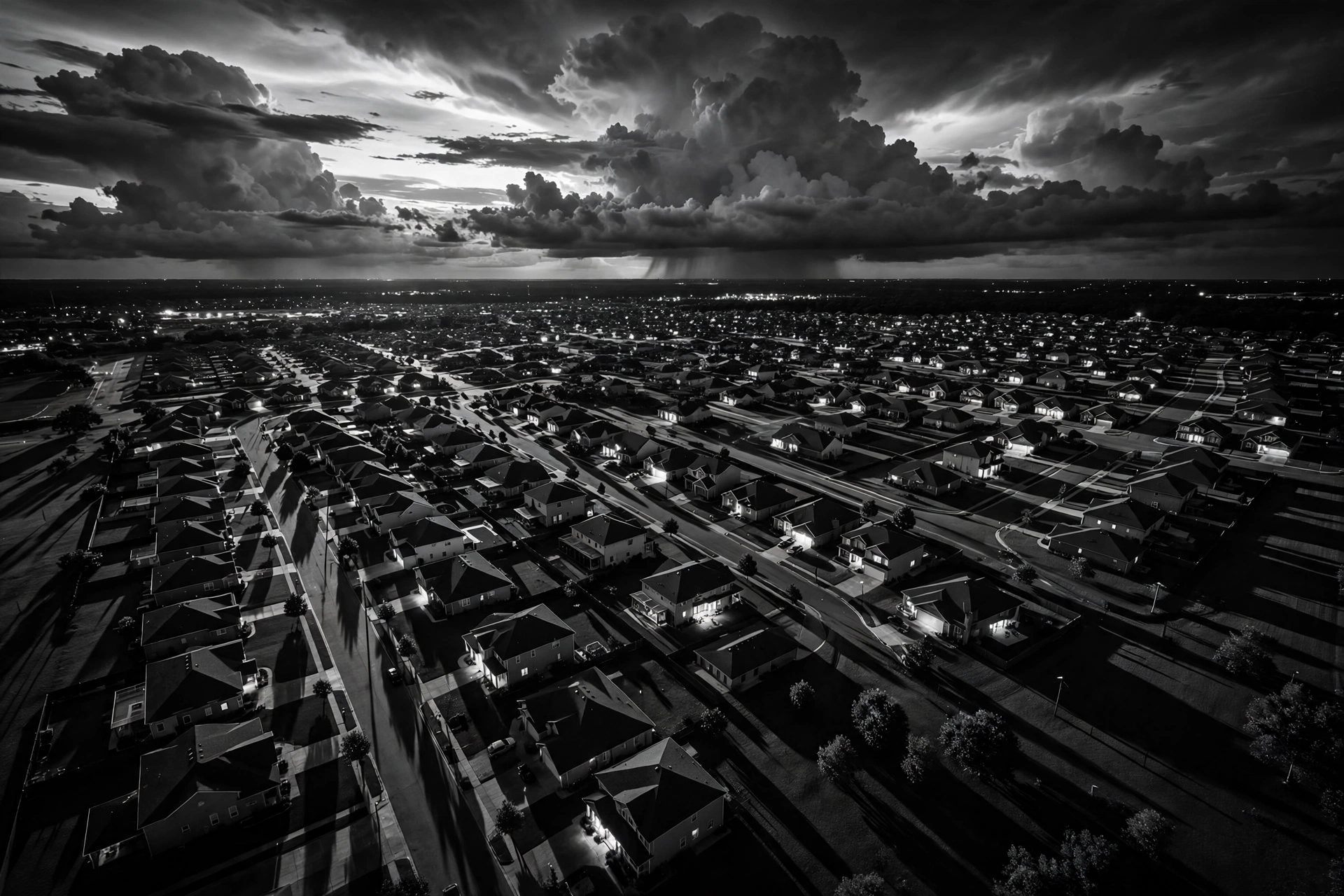 Aerial view of homes at dusk